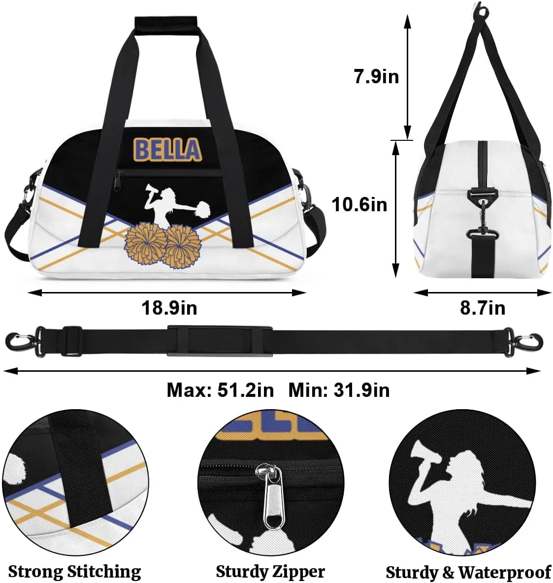 Personalized Cheer Bag Sport Duffel Bag for Girl, Custom Kids Gym Bag, Customize Travel Duffle Bag with Name, Overnight Weekender Bags,Blue and Yellow Lines, Cheerleading Gifts（Black）