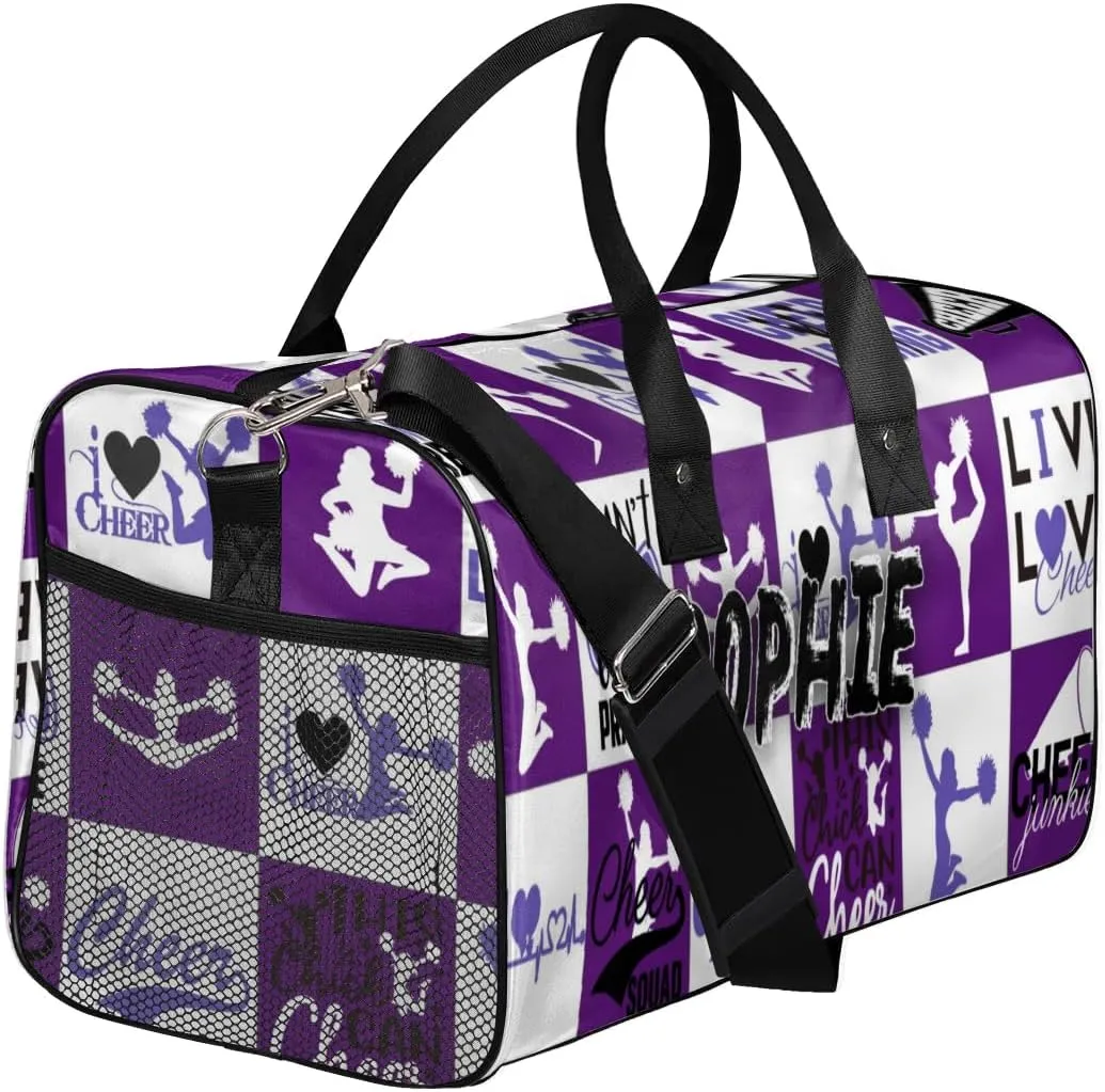 Personalized Cheer Duffel Bag for Cheerleaders, Custom Sports Bag for Women, Custom Cheerleading Travel Overnight Weekender Bag, Dark Purple and White Buffalo Plaid