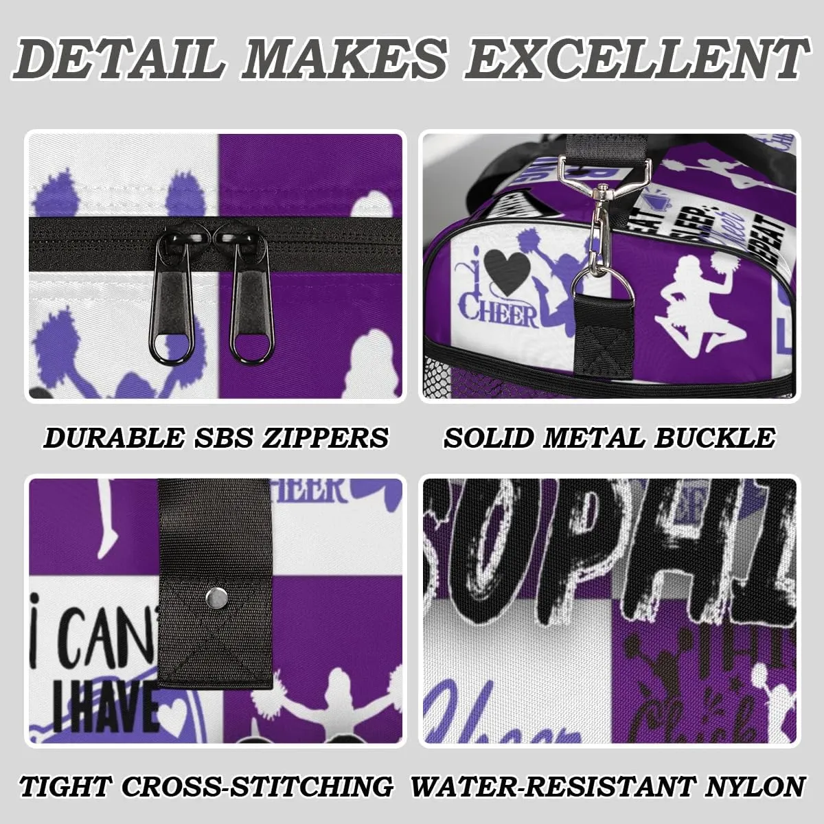 Personalized Cheer Duffel Bag for Cheerleaders, Custom Sports Bag for Women, Custom Cheerleading Travel Overnight Weekender Bag, Dark Purple and White Buffalo Plaid