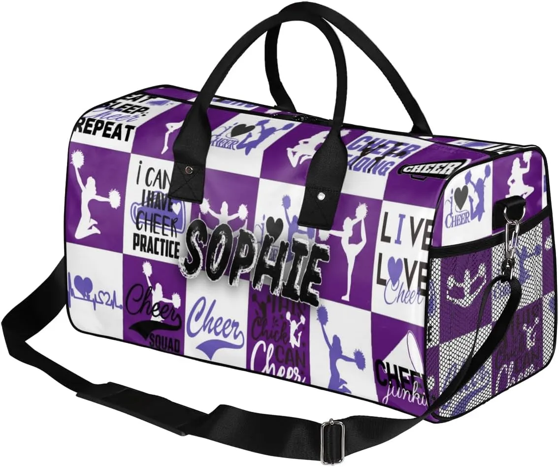 Personalized Cheer Duffel Bag for Cheerleaders, Custom Sports Bag for Women, Custom Cheerleading Travel Overnight Weekender Bag, Dark Purple and White Buffalo Plaid
