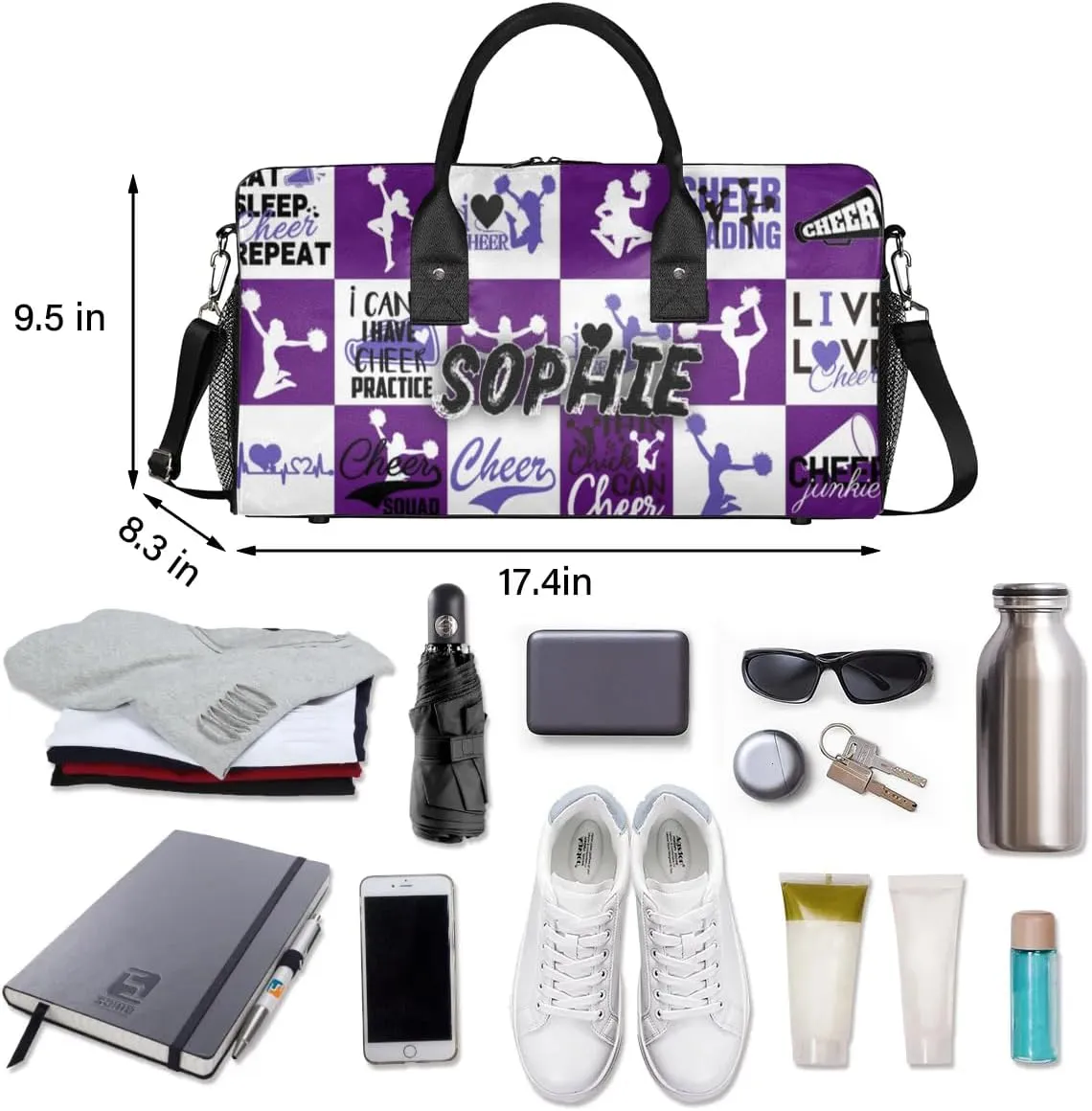 Personalized Cheer Duffel Bag for Cheerleaders, Custom Sports Bag for Women, Custom Cheerleading Travel Overnight Weekender Bag, Dark Purple and White Buffalo Plaid
