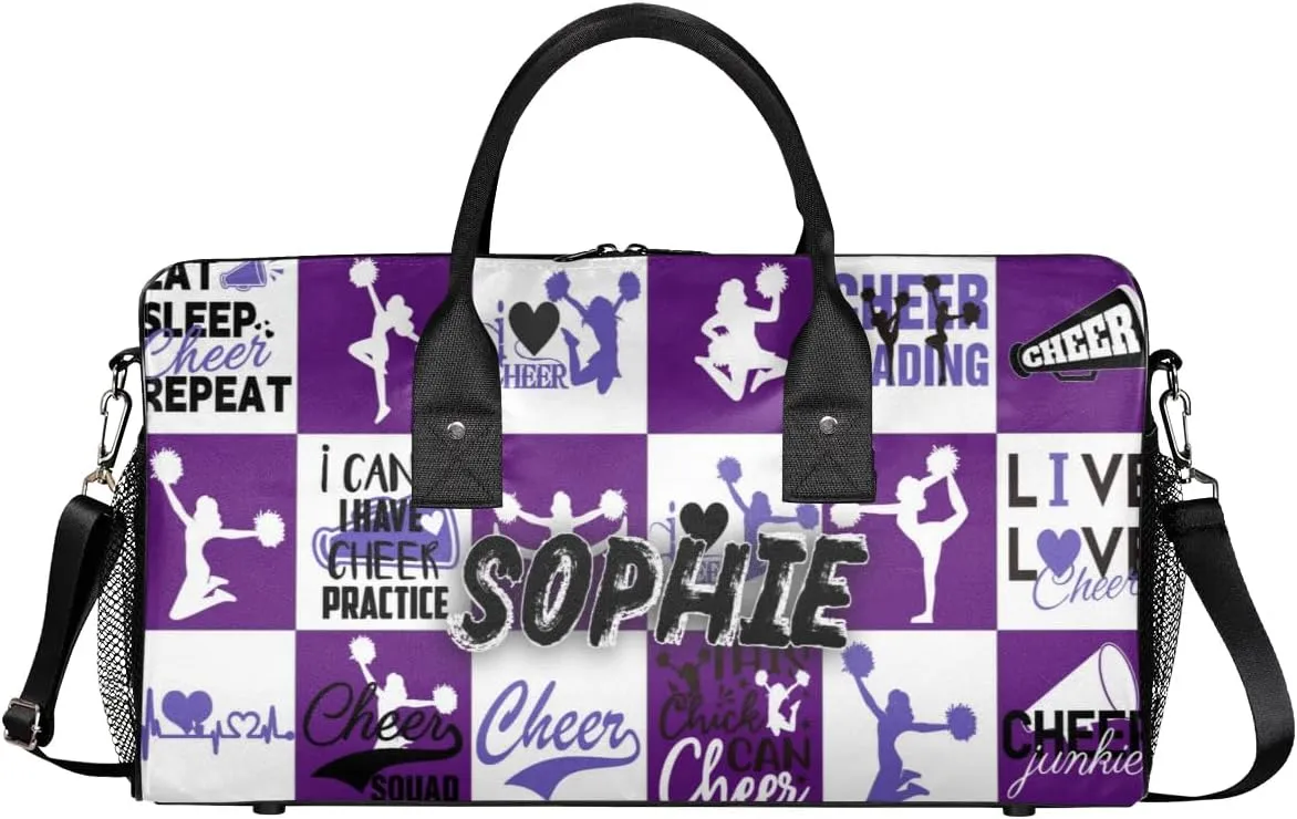 Personalized Cheer Duffel Bag for Cheerleaders, Custom Sports Bag for Women, Custom Cheerleading Travel Overnight Weekender Bag, Dark Purple and White Buffalo Plaid