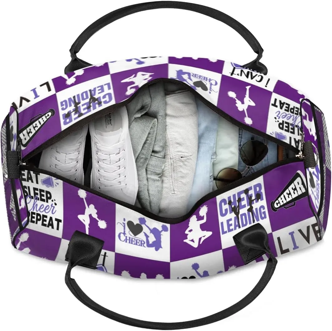Personalized Cheer Duffel Bag for Cheerleaders, Custom Sports Bag for Women, Custom Cheerleading Travel Overnight Weekender Bag, Dark Purple and White Buffalo Plaid