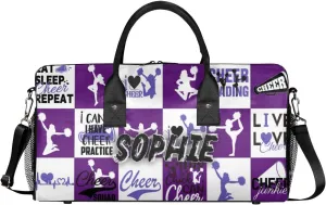 Personalized Cheer Duffel Bag for Cheerleaders, Custom Sports Bag for Women, Custom Cheerleading Travel Overnight Weekender Bag, Dark Purple and White Buffalo Plaid