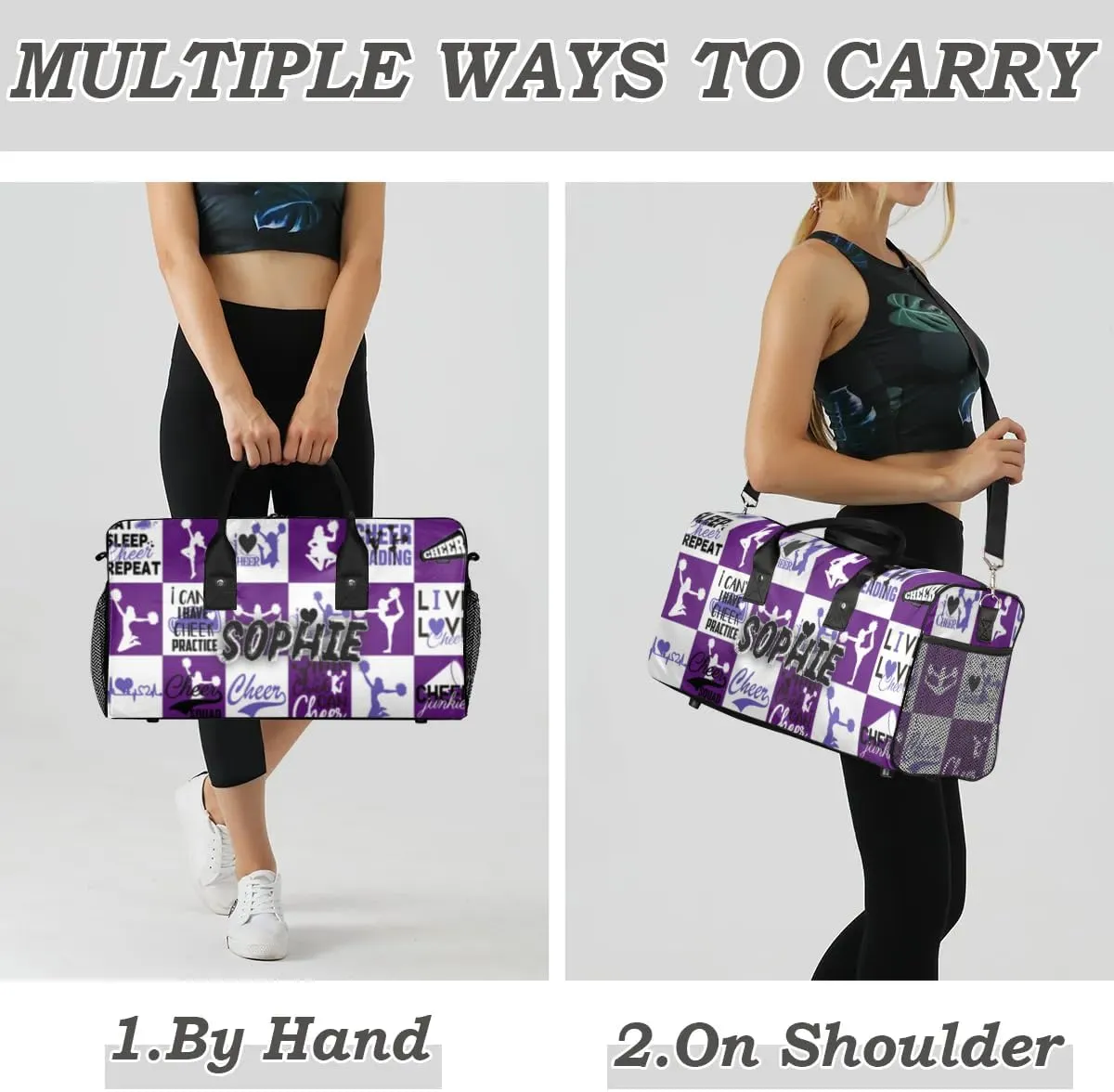 Personalized Cheer Duffel Bag for Cheerleaders, Custom Sports Bag for Women, Custom Cheerleading Travel Overnight Weekender Bag, Dark Purple and White Buffalo Plaid