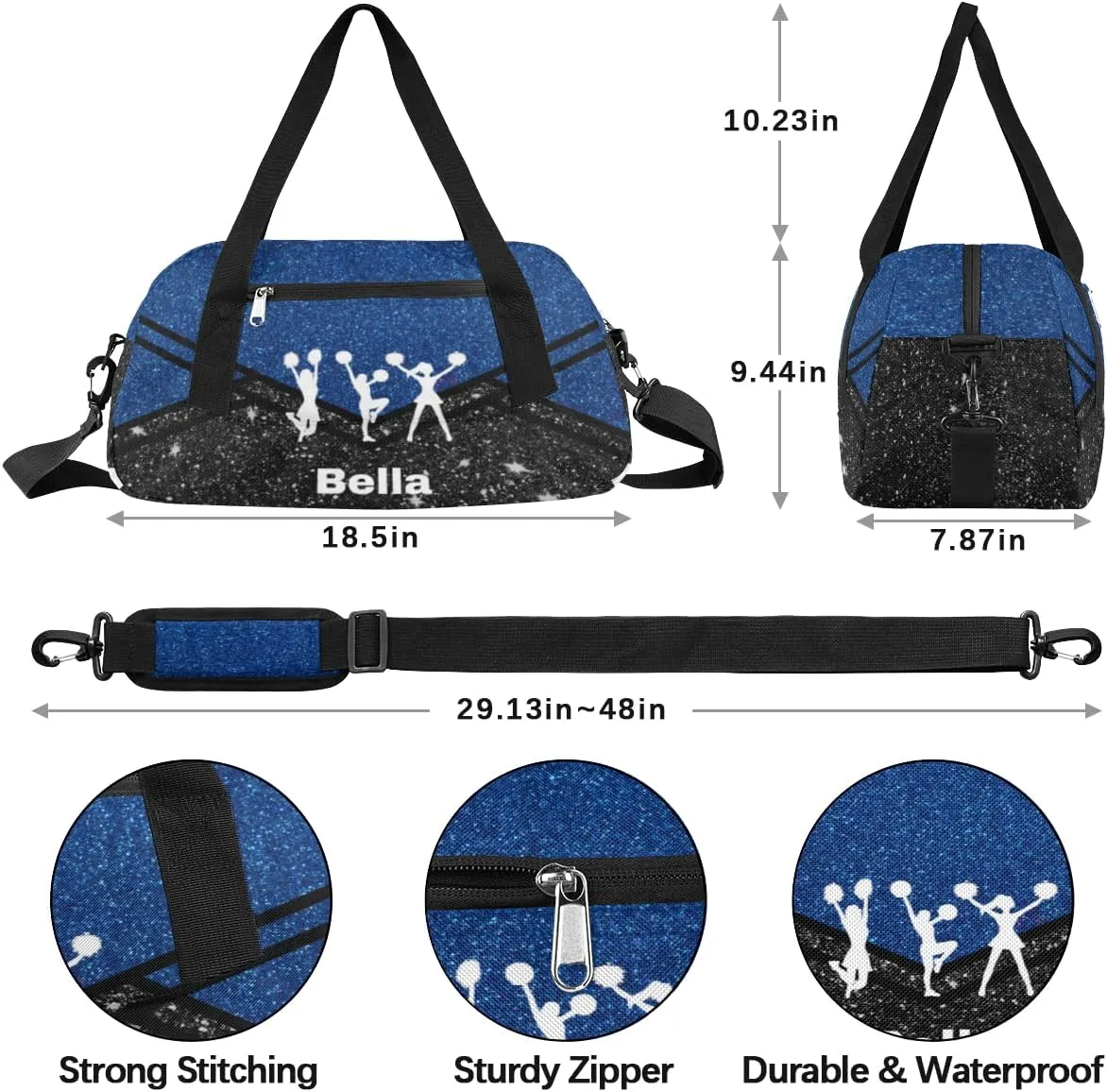 Personalized Dance Bag Cheer Bag for Girls, Personalized Custom Kids Duffle Bags, Customized Sports Gym Bag Weekender Overnight Bag Travel Duffel Bag for Kids, Cheer Dance Dark Blue Black Glitter