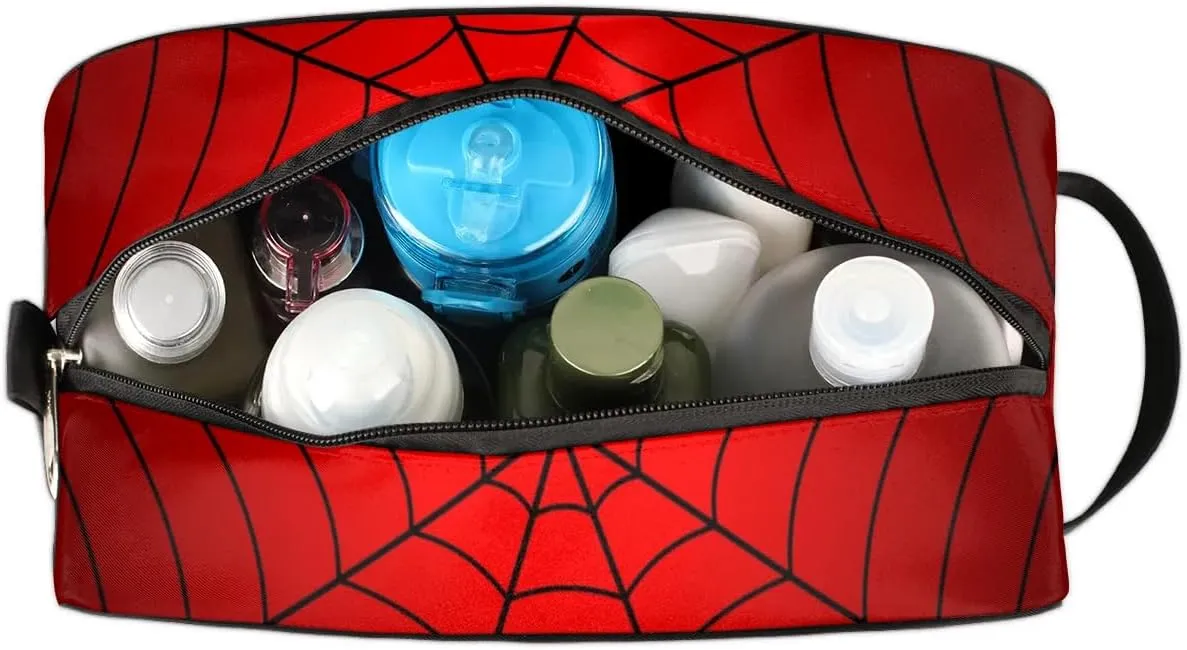Personalized Gift Travel Makeup Bag Cosmetic Bag for Man Boy, Custom Shaving Bag Make Up Bag Organizer Toiletry Bag Christmas Birthday Gift for Boys Spider Web Red