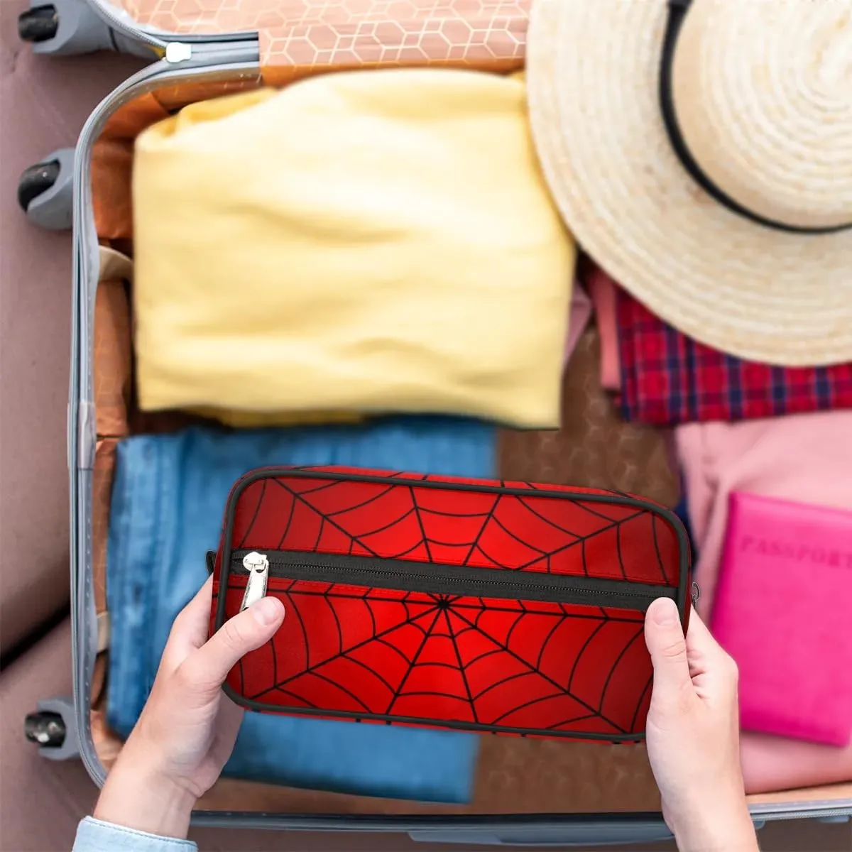 Personalized Gift Travel Makeup Bag Cosmetic Bag for Man Boy, Custom Shaving Bag Make Up Bag Organizer Toiletry Bag Christmas Birthday Gift for Boys Spider Web Red