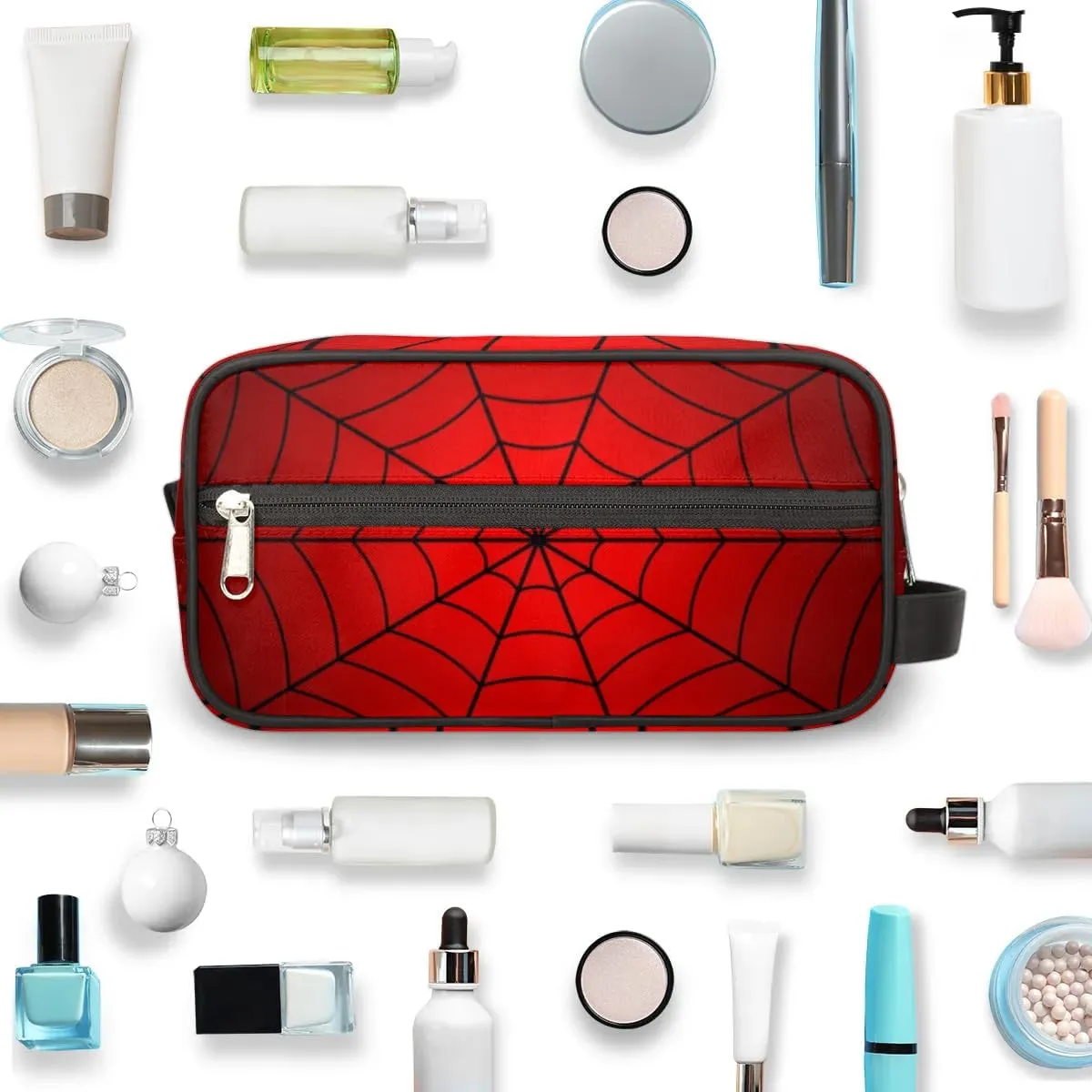 Personalized Gift Travel Makeup Bag Cosmetic Bag for Man Boy, Custom Shaving Bag Make Up Bag Organizer Toiletry Bag Christmas Birthday Gift for Boys Spider Web Red