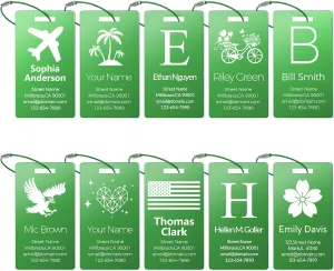 Personalized Metal Luggage Tags, Custom Suitcase Aluminum Name Tags with 5.9in Steel Ring, Laser Engraved Text and Logo, for Travel Gift, Baggage, Golf Bag (Green)