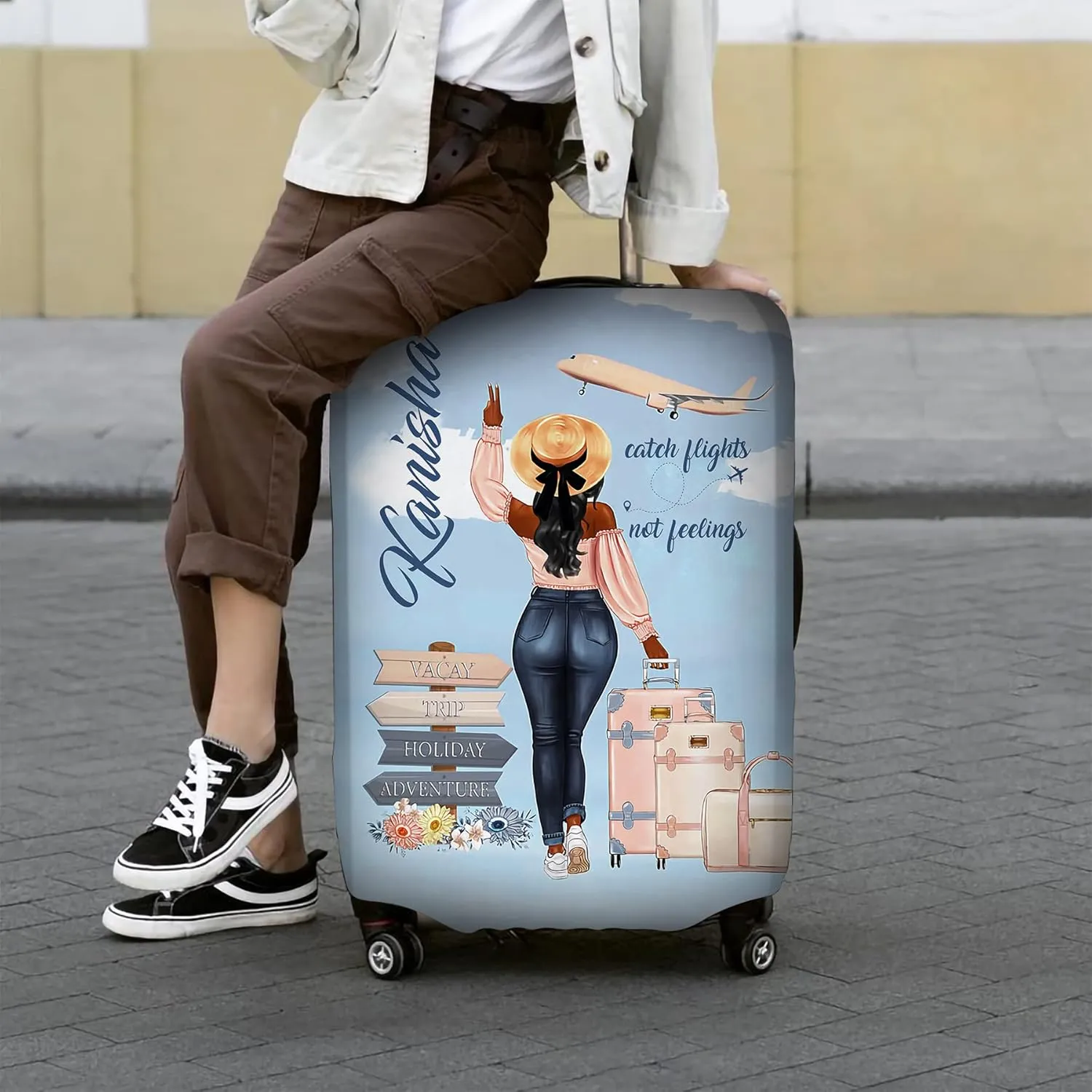 Personalized Name Catch Flights Not Feelings Luggage Cover Travel Luggage Cover Protector Travel Bag Covers Travel Bag Covers Gift for Traveling Lovers Travel Girl Luggage Cover 5