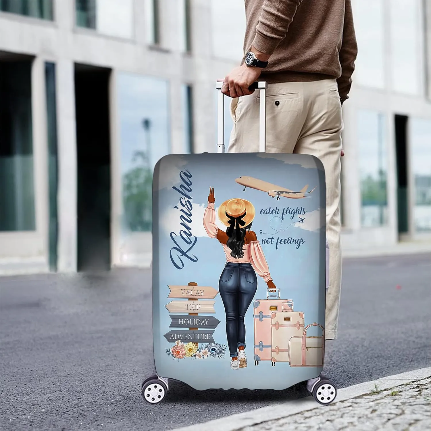 Personalized Name Catch Flights Not Feelings Luggage Cover Travel Luggage Cover Protector Travel Bag Covers Travel Bag Covers Gift for Traveling Lovers Travel Girl Luggage Cover 5