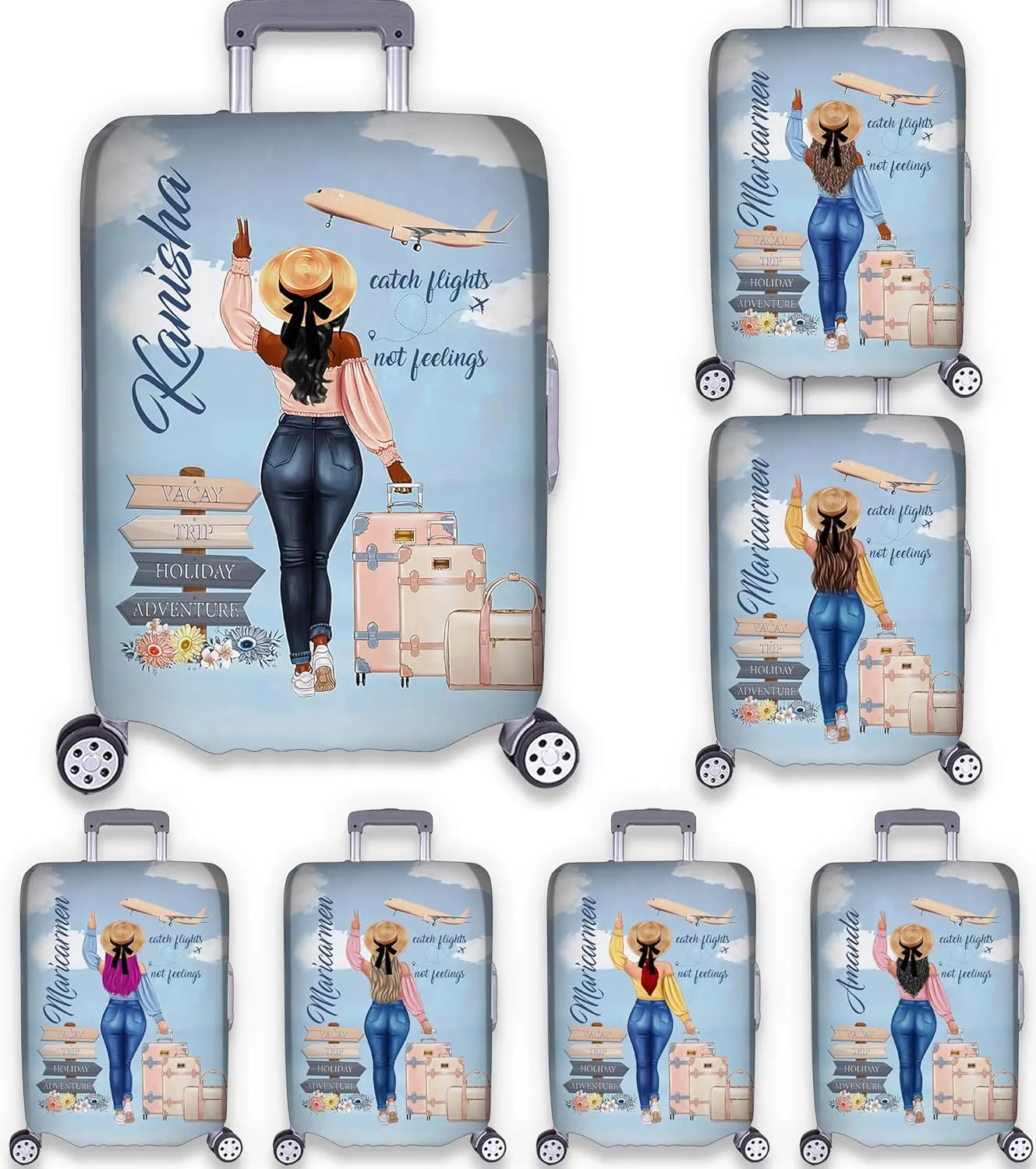Personalized Name Catch Flights Not Feelings Luggage Cover Travel Luggage Cover Protector Travel Bag Covers Travel Bag Covers Gift for Traveling Lovers Travel Girl Luggage Cover 5
