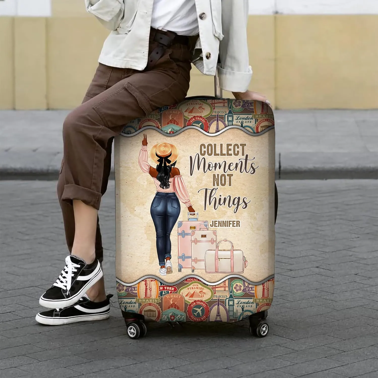 Personalized Name Collect Moment Not Things Luggage Cover Protector Travel Bag Covers Suitcase Cover Travel Bag Covers Gift for Girl Traveling Lovers 48