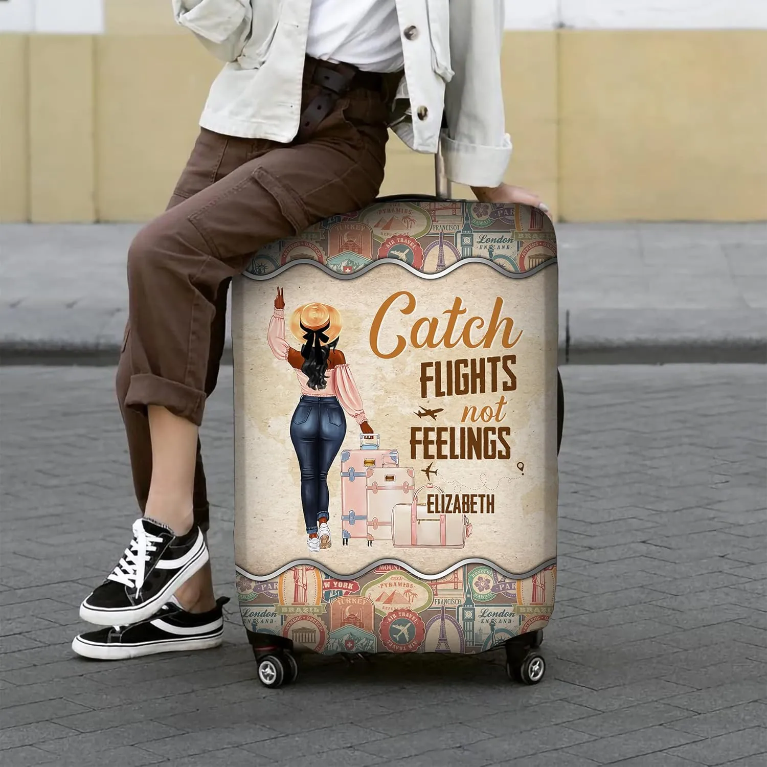 Personalized Name Girl Flights Traveling Vintage Luggage Cover Protector Travel Bag Covers Suitcase Cover Travel Bag Covers Gift for Girl Traveling Lovers 63