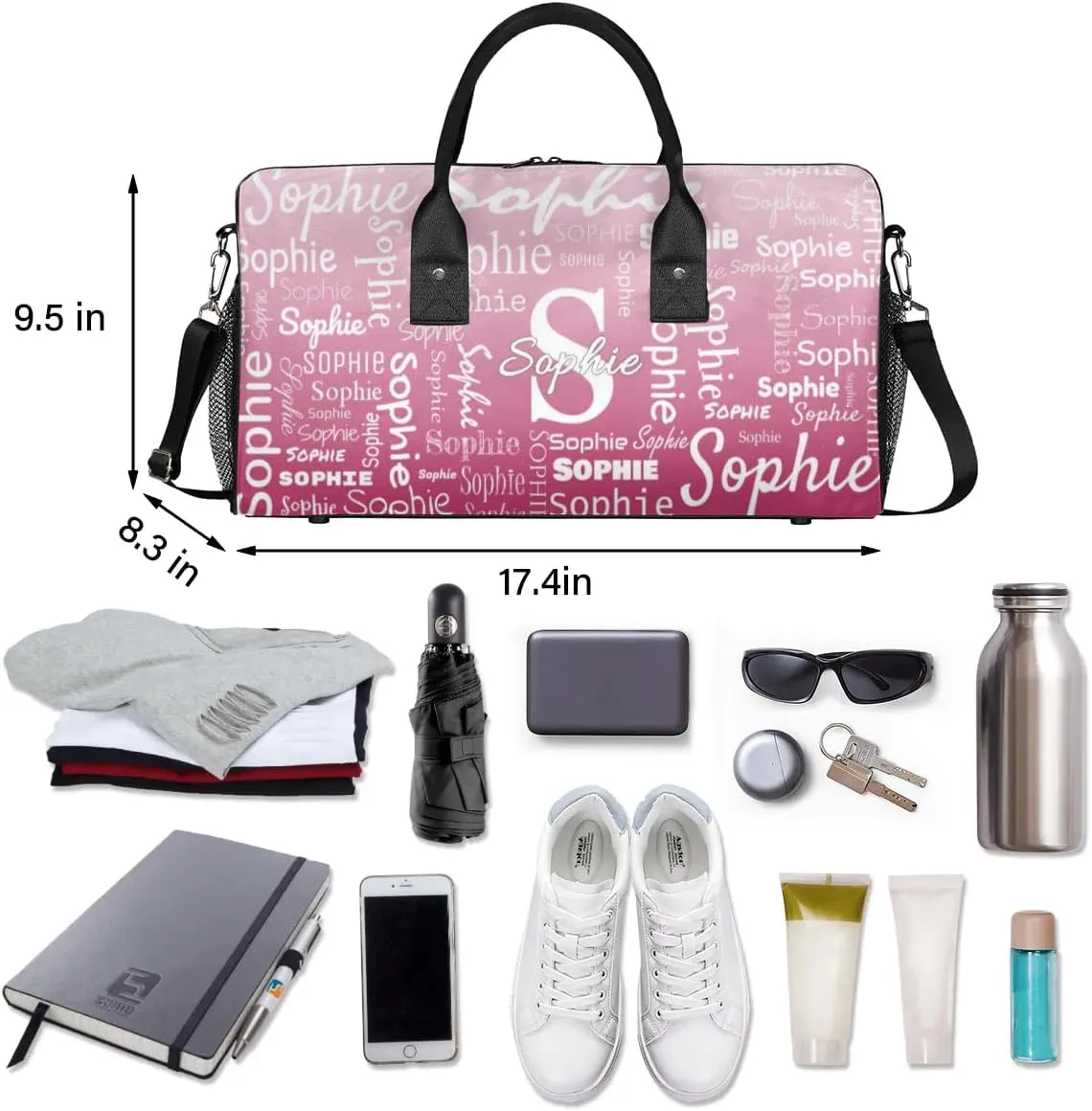 Personalized Name Sport Duffel Bag with Initial, Custom Gym Bag Dance Duffel Bag for Women, Monogrammed Gifts Customized Gymnastics Ballet Bag Overnight Weekender Bag, Dark Pink Gradient