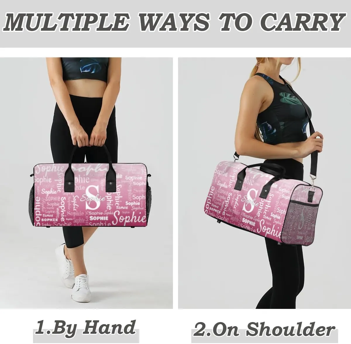 Personalized Name Sport Duffel Bag with Initial, Custom Gym Bag Dance Duffel Bag for Women, Monogrammed Gifts Customized Gymnastics Ballet Bag Overnight Weekender Bag, Dark Pink Gradient