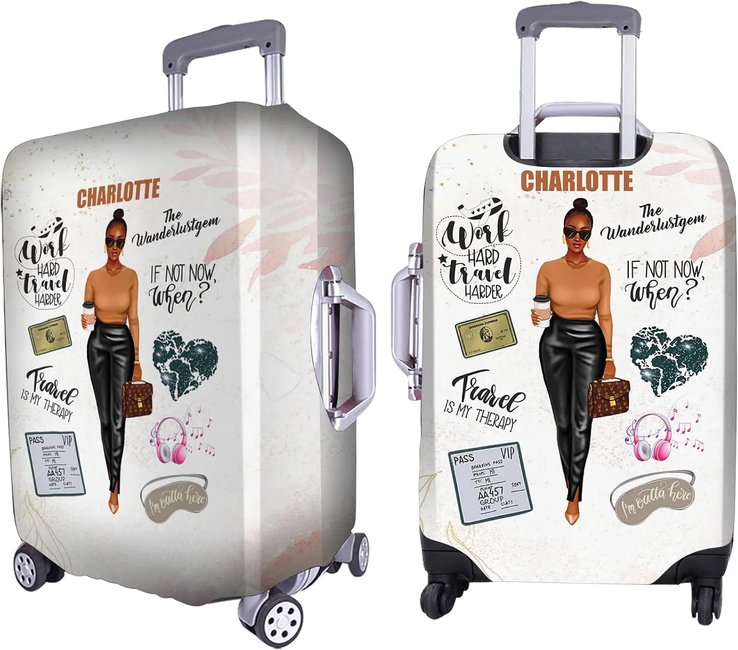 Personalized Name Work Hard Travel Harder Luggage Cover, Protector Travel Bag Covers, Love Travel Gift Travel Bag Covers Gift for Traveling Lovers 95