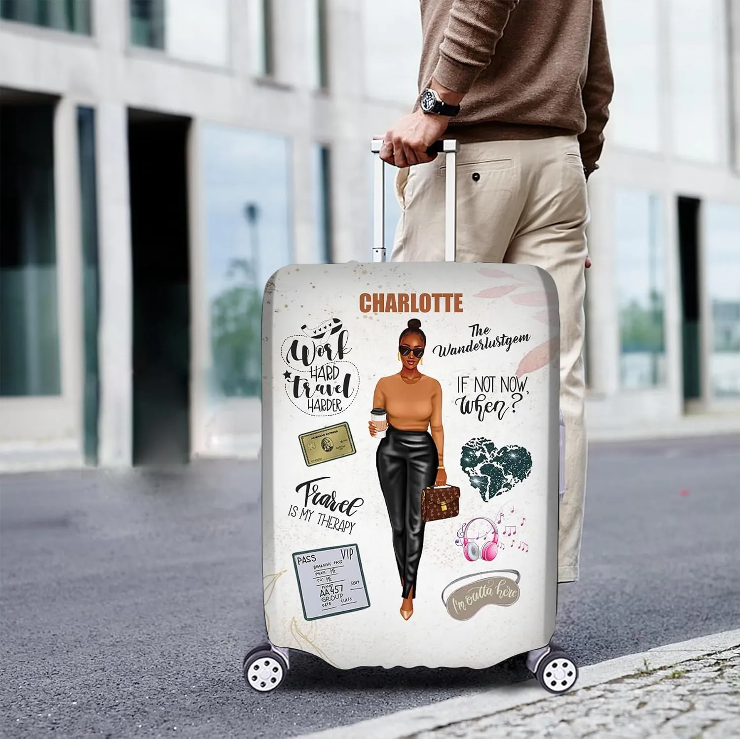 Personalized Name Work Hard Travel Harder Luggage Cover, Protector Travel Bag Covers, Love Travel Gift Travel Bag Covers Gift for Traveling Lovers 95