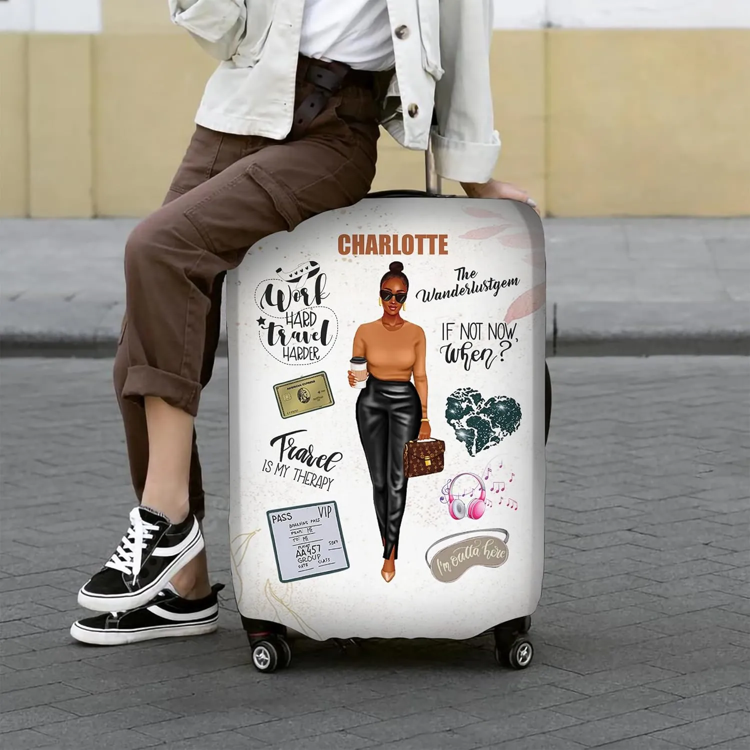 Personalized Name Work Hard Travel Harder Luggage Cover, Protector Travel Bag Covers, Love Travel Gift Travel Bag Covers Gift for Traveling Lovers 95