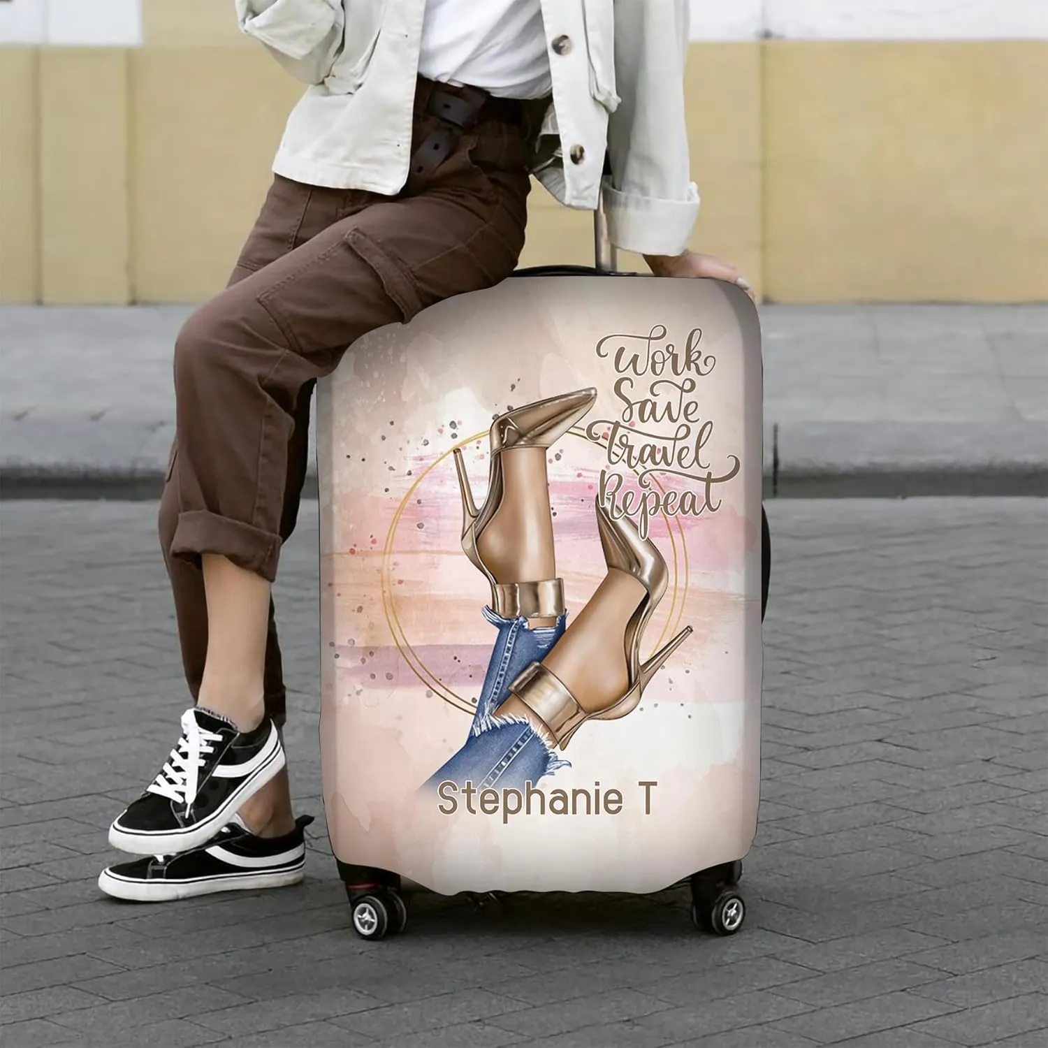 Personalized Name Work Save Travel Repeat Luggage Cover Protector Travel Bag Covers Love Travel Gift Travel Bag Covers Gift for Traveling Lovers 97