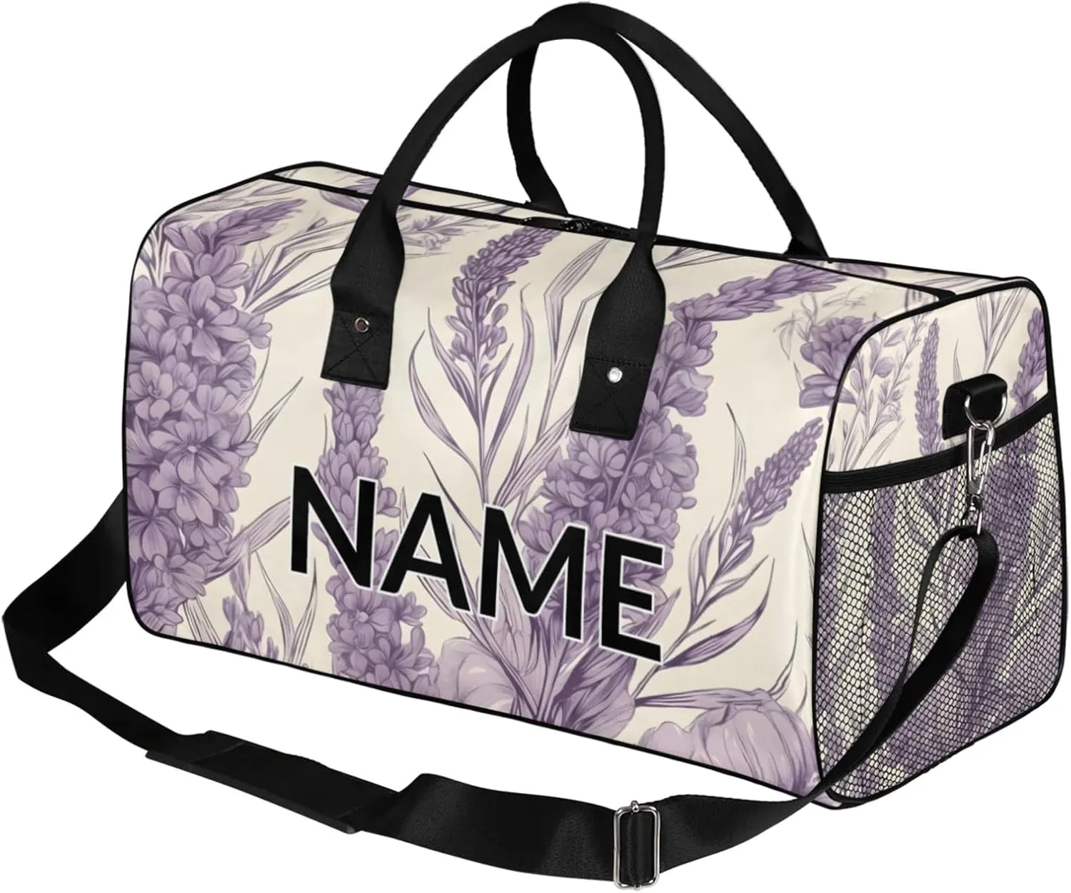 Personalized Purple Lavender Travel Duffel Bag with Name, Custom Gym Sport Bag Rustic Farmhouse Carry On Weekend Overnight Duffel Bag for Men Women