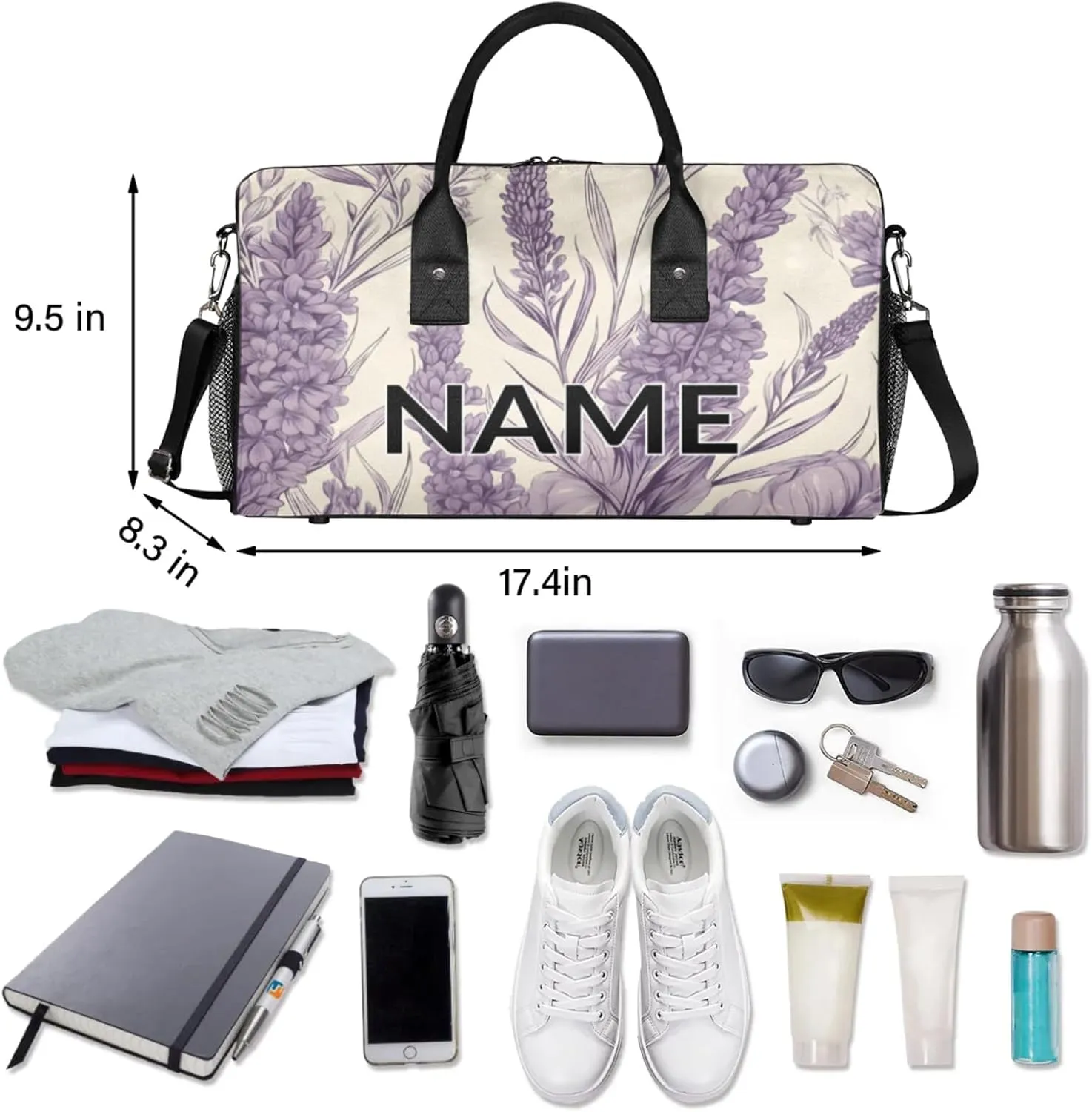 Personalized Purple Lavender Travel Duffel Bag with Name, Custom Gym Sport Bag Rustic Farmhouse Carry On Weekend Overnight Duffel Bag for Men Women