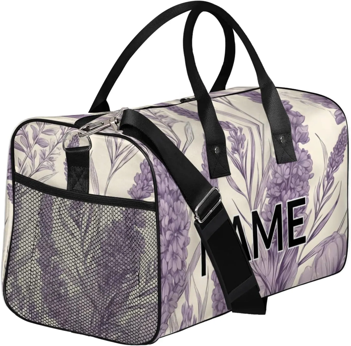 Personalized Purple Lavender Travel Duffel Bag with Name, Custom Gym Sport Bag Rustic Farmhouse Carry On Weekend Overnight Duffel Bag for Men Women