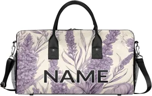 Personalized Purple Lavender Travel Duffel Bag with Name, Custom Gym Sport Bag Rustic Farmhouse Carry On Weekend Overnight Duffel Bag for Men Women