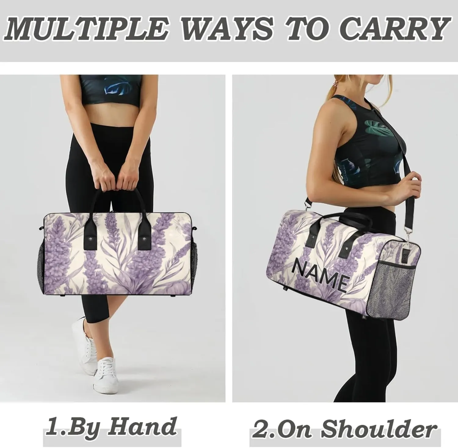 Personalized Purple Lavender Travel Duffel Bag with Name, Custom Gym Sport Bag Rustic Farmhouse Carry On Weekend Overnight Duffel Bag for Men Women