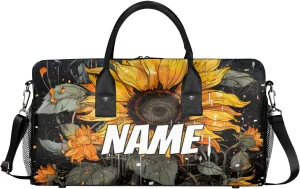 Personalized Rustic Sunflower Travel Duffel Bag with Name, Custom Gym Sport Bag Farmhouse Flowers Carry On Weekend Overnight Duffel Bag for Men Women