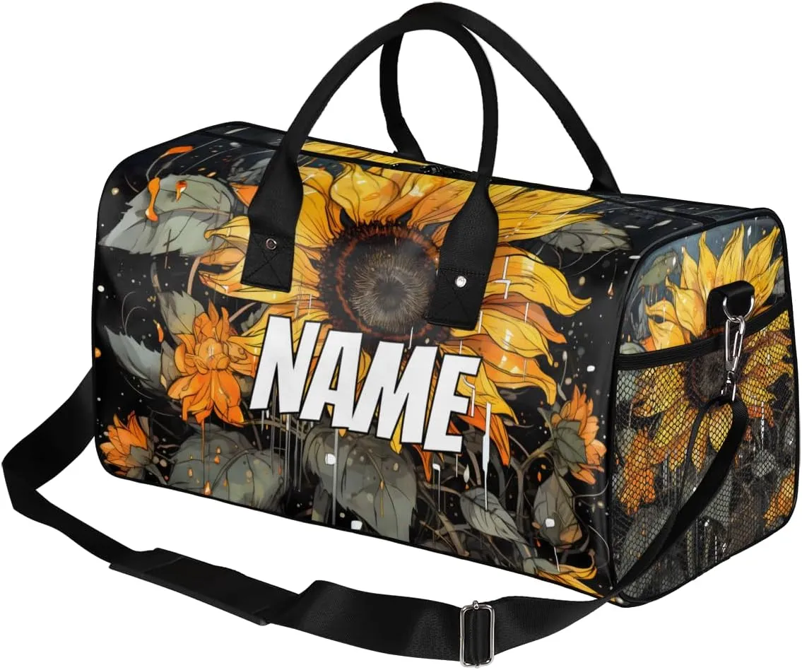 Personalized Rustic Sunflower Travel Duffel Bag with Name, Custom Gym Sport Bag Farmhouse Flowers Carry On Weekend Overnight Duffel Bag for Men Women