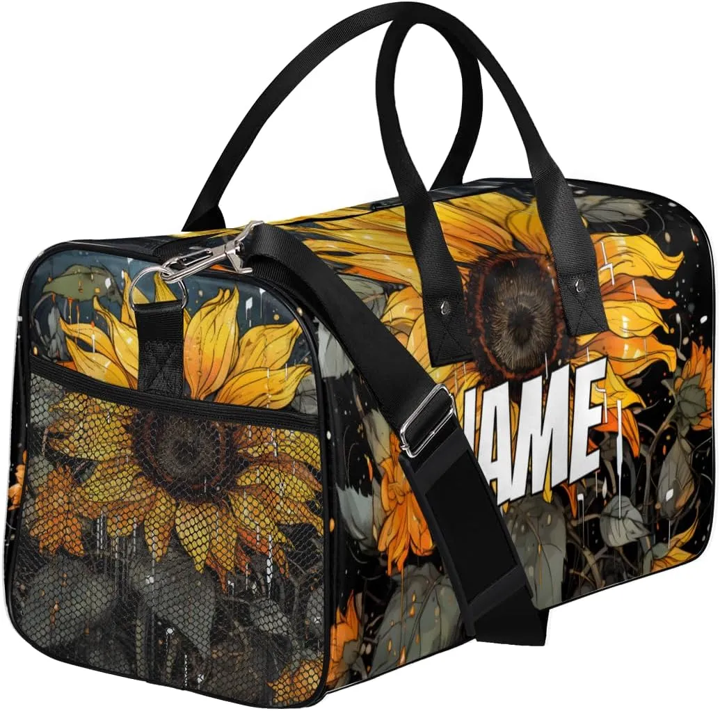 Personalized Rustic Sunflower Travel Duffel Bag with Name, Custom Gym Sport Bag Farmhouse Flowers Carry On Weekend Overnight Duffel Bag for Men Women