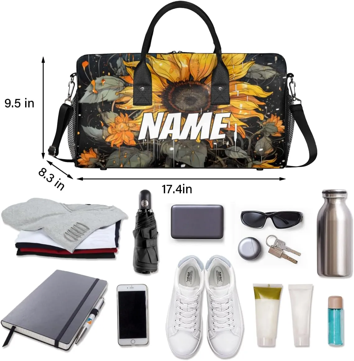 Personalized Rustic Sunflower Travel Duffel Bag with Name, Custom Gym Sport Bag Farmhouse Flowers Carry On Weekend Overnight Duffel Bag for Men Women