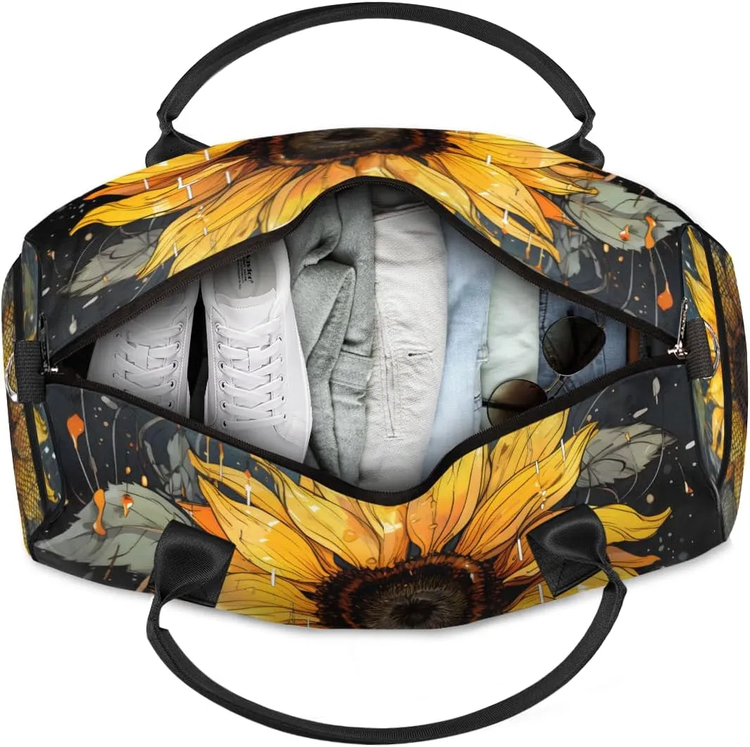 Personalized Rustic Sunflower Travel Duffel Bag with Name, Custom Gym Sport Bag Farmhouse Flowers Carry On Weekend Overnight Duffel Bag for Men Women