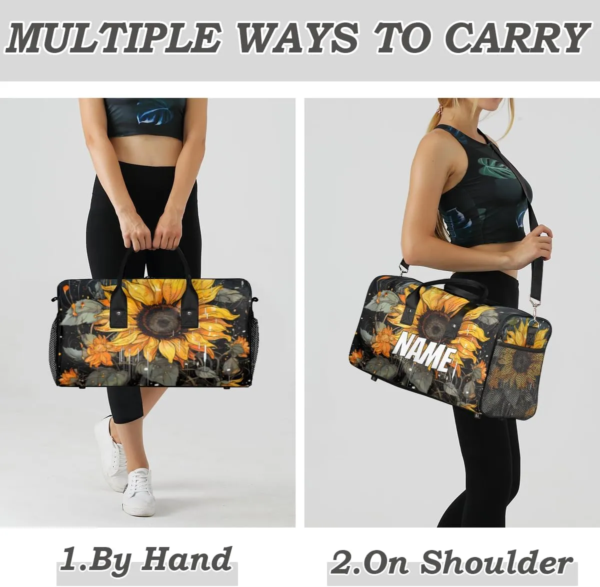 Personalized Rustic Sunflower Travel Duffel Bag with Name, Custom Gym Sport Bag Farmhouse Flowers Carry On Weekend Overnight Duffel Bag for Men Women