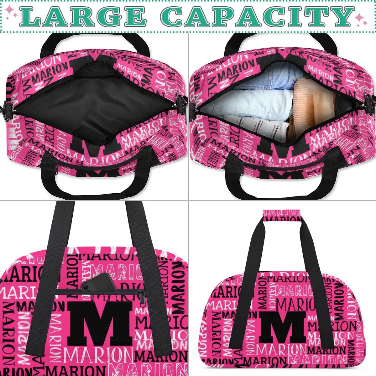 Personalized Sport Gym Bag Duffel Bag for Boys Girls, Custom Name Dance Bag Weekender Bags Travel Duffel Bag Tote Bag for Kids Pink White Black