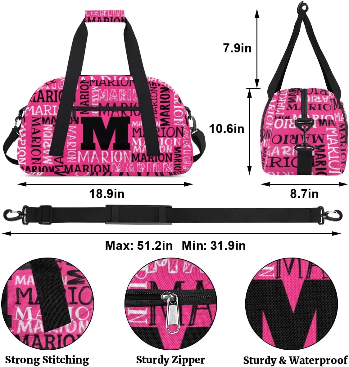 Personalized Sport Gym Bag Duffel Bag for Boys Girls, Custom Name Dance Bag Weekender Bags Travel Duffel Bag Tote Bag for Kids Pink White Black