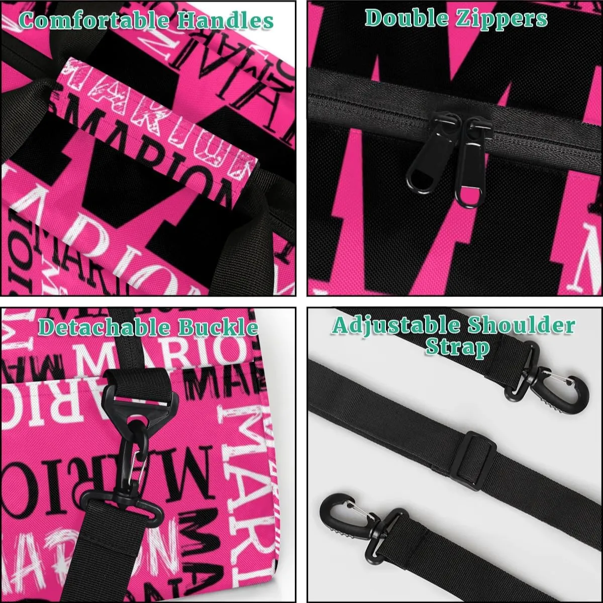 Personalized Sport Gym Bag Duffel Bag for Boys Girls, Custom Name Dance Bag Weekender Bags Travel Duffel Bag Tote Bag for Kids Pink White Black