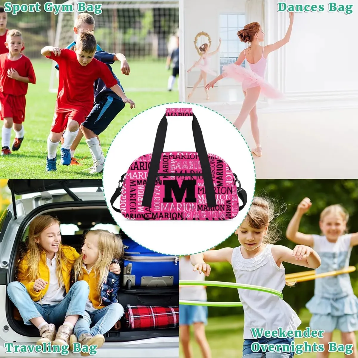 Personalized Sport Gym Bag Duffel Bag for Boys Girls, Custom Name Dance Bag Weekender Bags Travel Duffel Bag Tote Bag for Kids Pink White Black