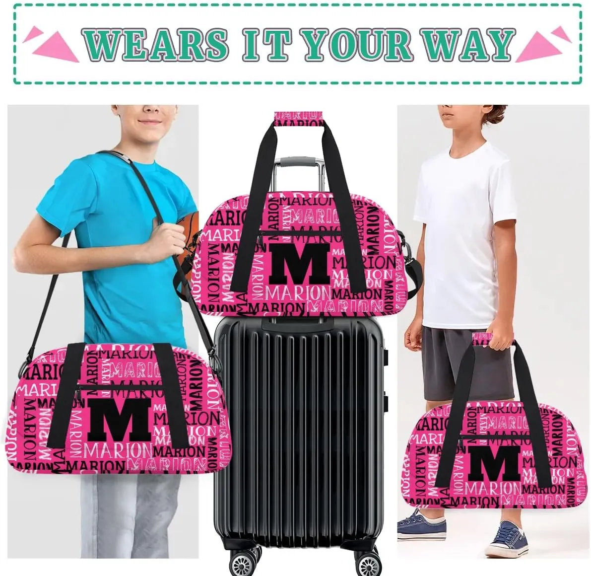 Personalized Sport Gym Bag Duffel Bag for Boys Girls, Custom Name Dance Bag Weekender Bags Travel Duffel Bag Tote Bag for Kids Pink White Black