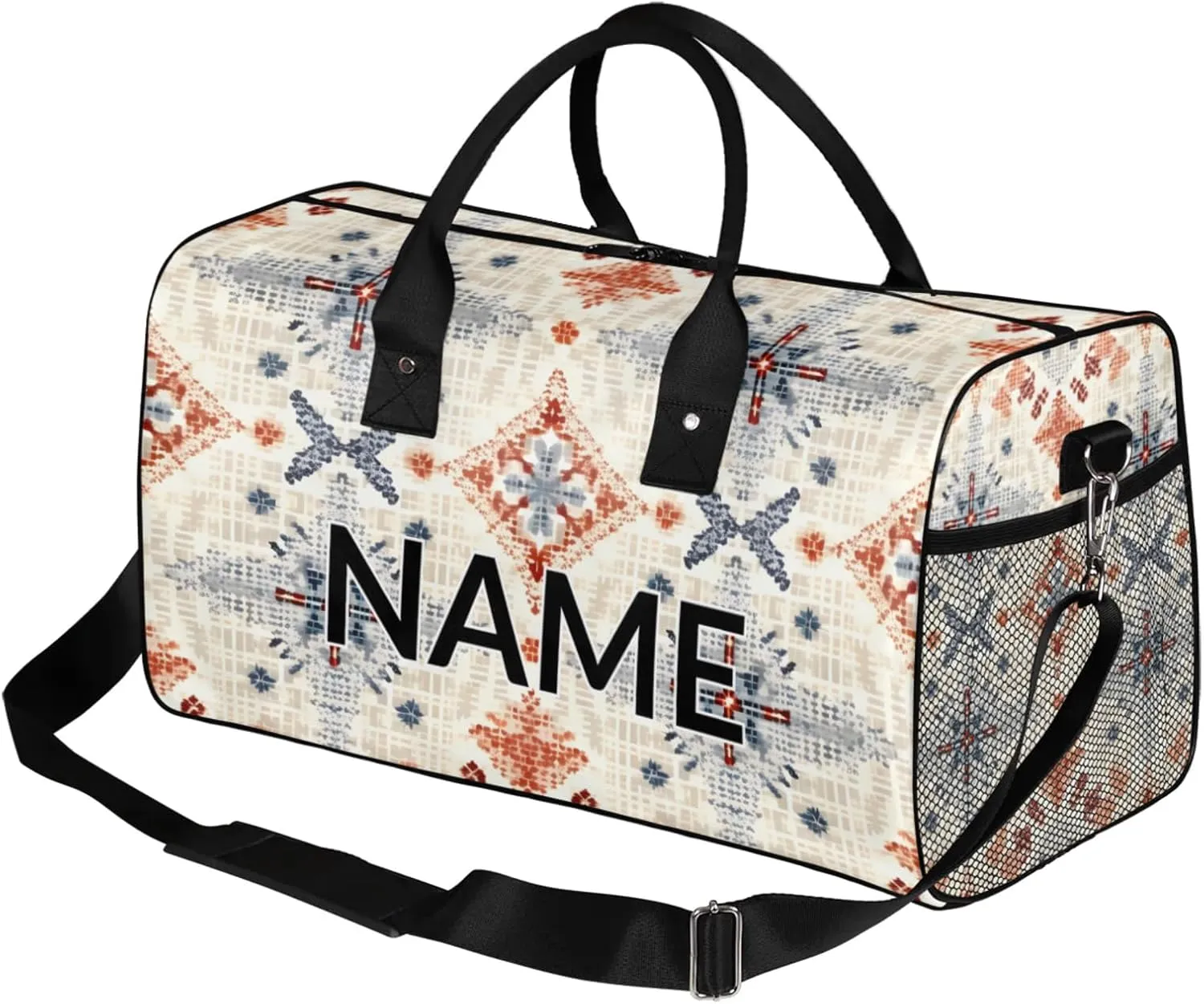 Personalized Vintage Boho Travel Duffel Bag with Name, Custom Gym Sport Bag Abstract Rustic Carry On Weekend Overnight Duffel Bag for Men Women