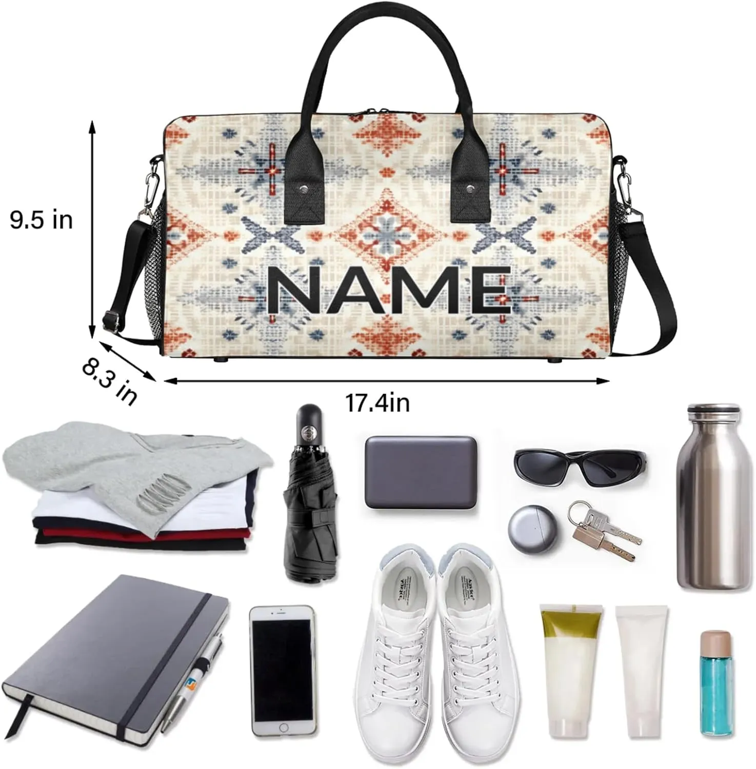 Personalized Vintage Boho Travel Duffel Bag with Name, Custom Gym Sport Bag Abstract Rustic Carry On Weekend Overnight Duffel Bag for Men Women