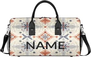 Personalized Vintage Boho Travel Duffel Bag with Name, Custom Gym Sport Bag Abstract Rustic Carry On Weekend Overnight Duffel Bag for Men Women