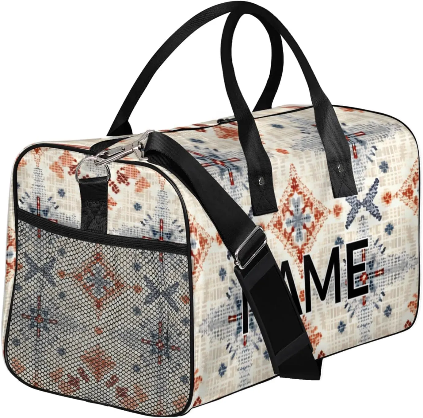 Personalized Vintage Boho Travel Duffel Bag with Name, Custom Gym Sport Bag Abstract Rustic Carry On Weekend Overnight Duffel Bag for Men Women
