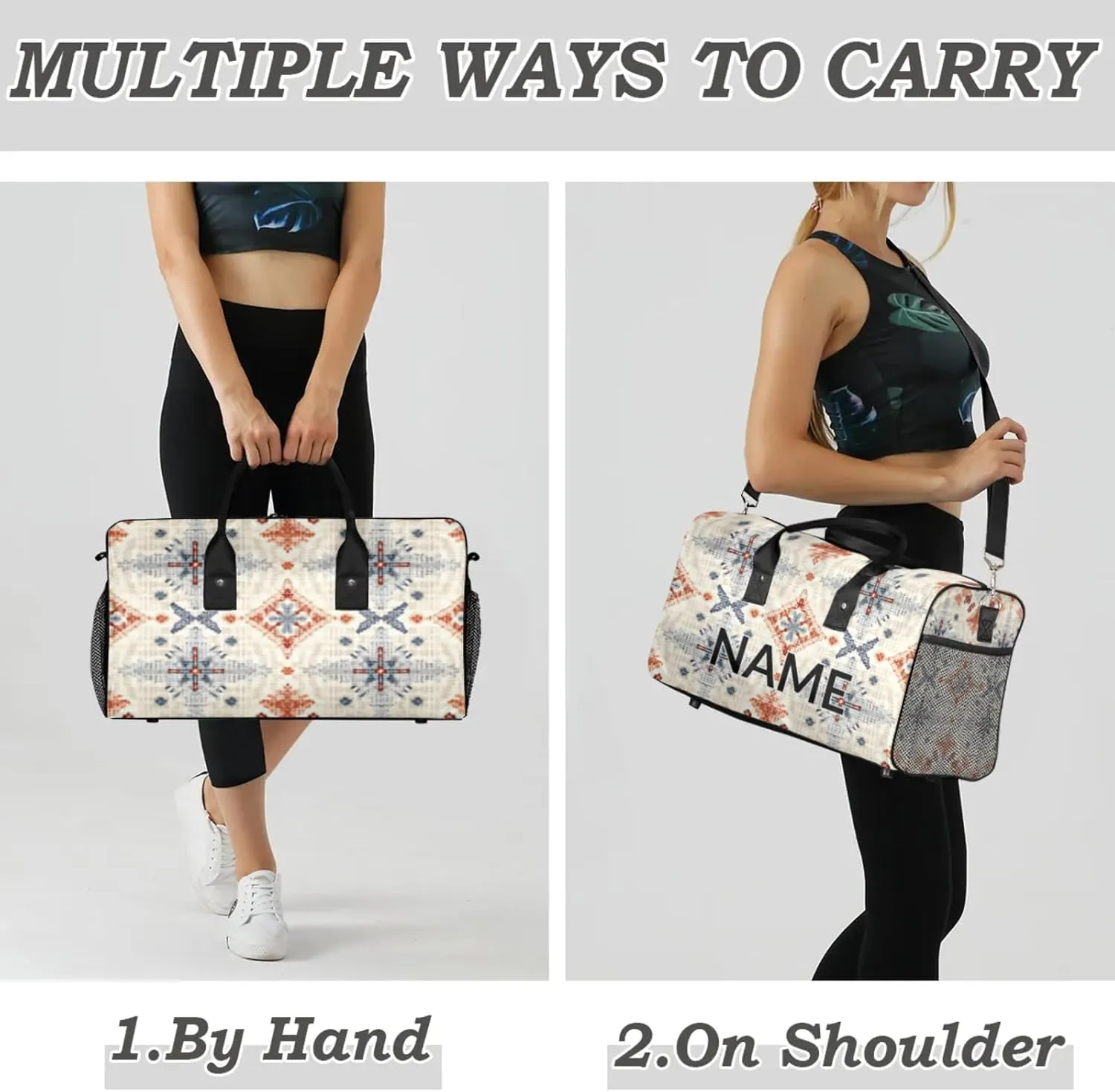 Personalized Vintage Boho Travel Duffel Bag with Name, Custom Gym Sport Bag Abstract Rustic Carry On Weekend Overnight Duffel Bag for Men Women