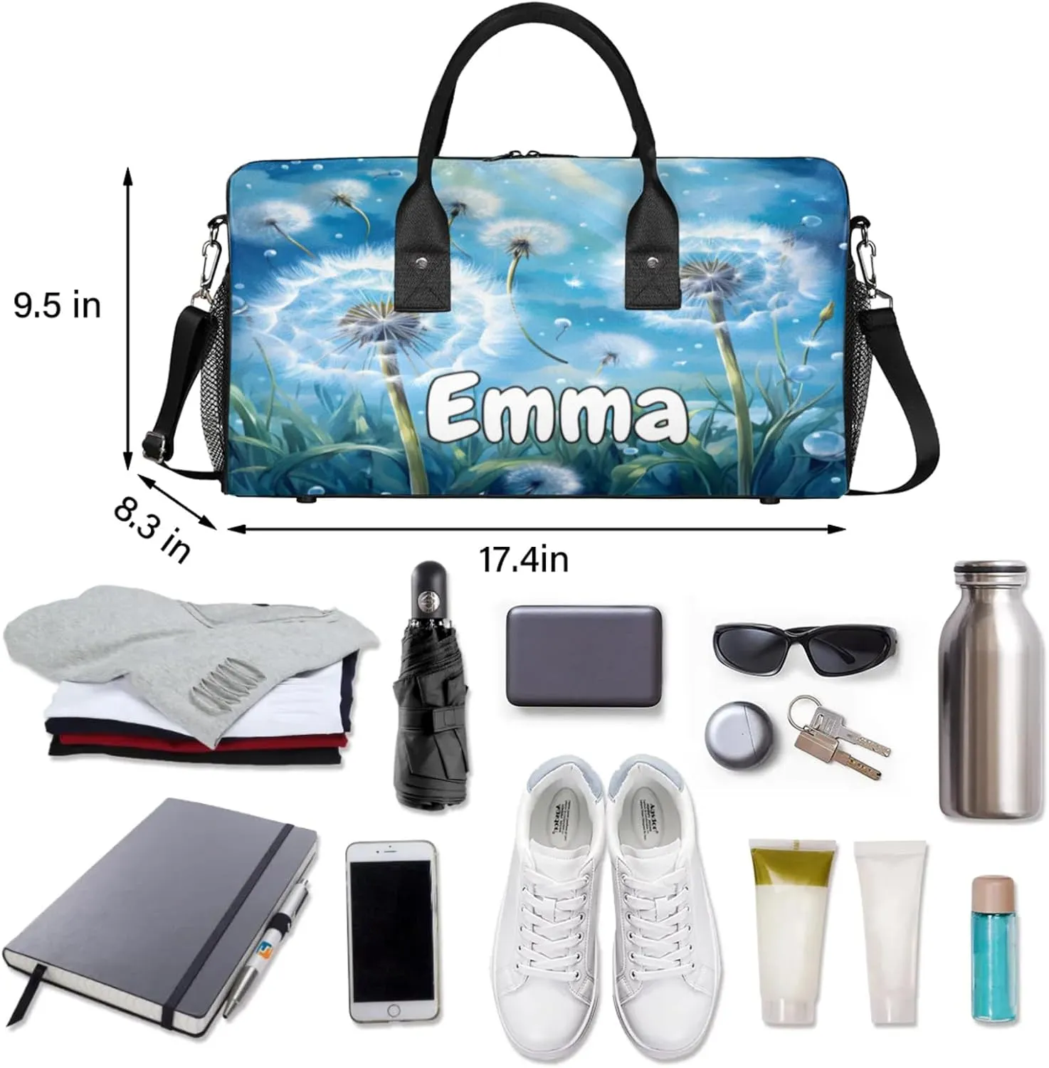 Personalized Wildflowers Dandelion Travel Duffel Bag with Name, Custom Gym Sport Bag Rustic Floral Carry On Weekend Overnight Duffel Bag for Men Women