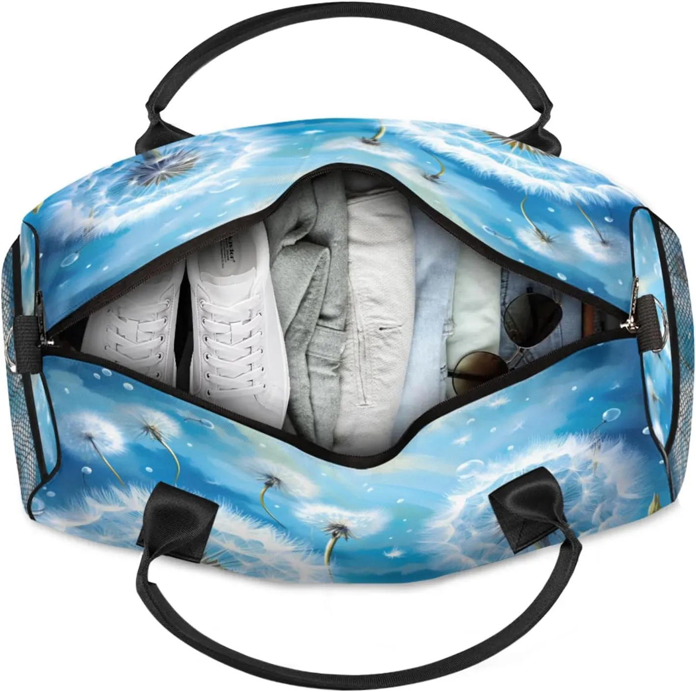 Personalized Wildflowers Dandelion Travel Duffel Bag with Name, Custom Gym Sport Bag Rustic Floral Carry On Weekend Overnight Duffel Bag for Men Women