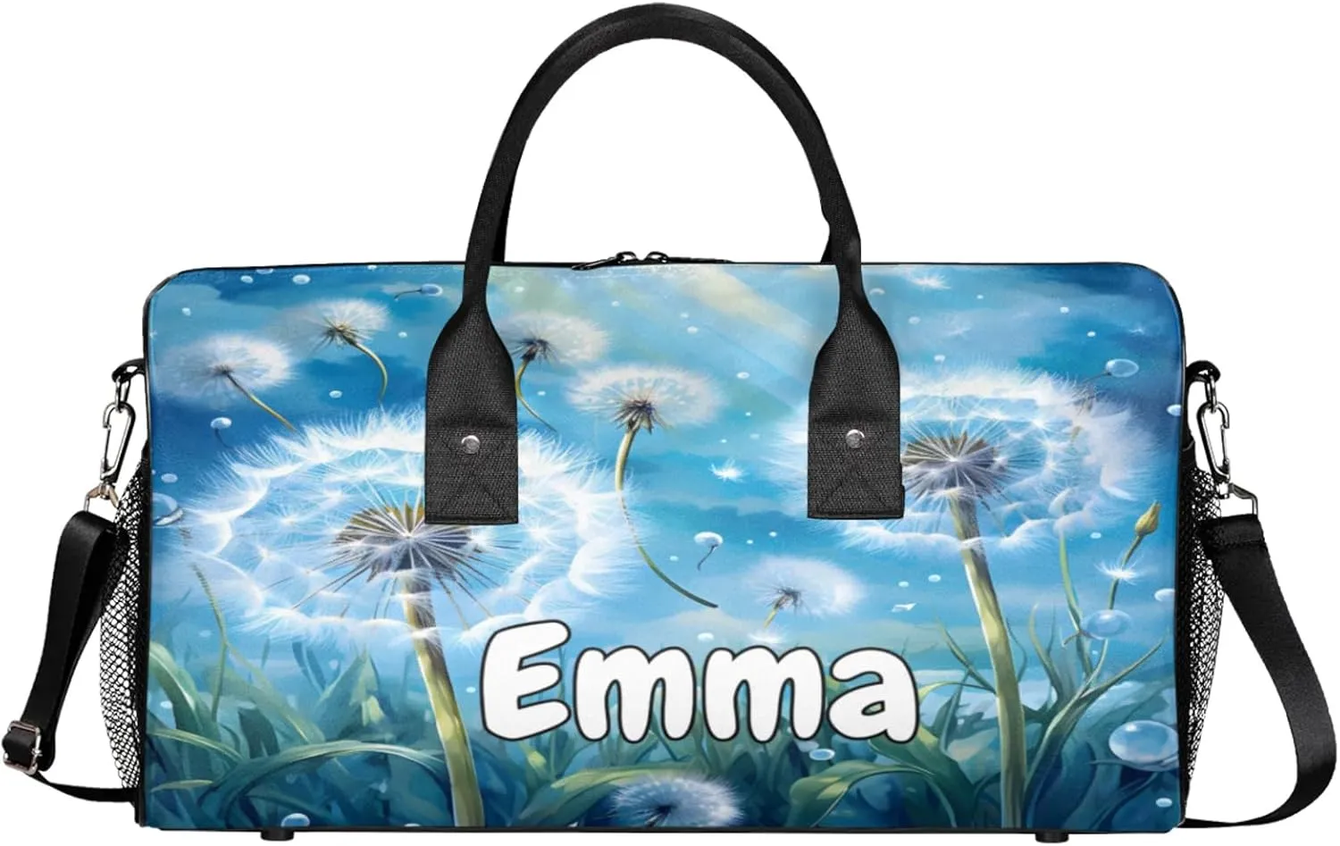 Personalized Wildflowers Dandelion Travel Duffel Bag with Name, Custom Gym Sport Bag Rustic Floral Carry On Weekend Overnight Duffel Bag for Men Women