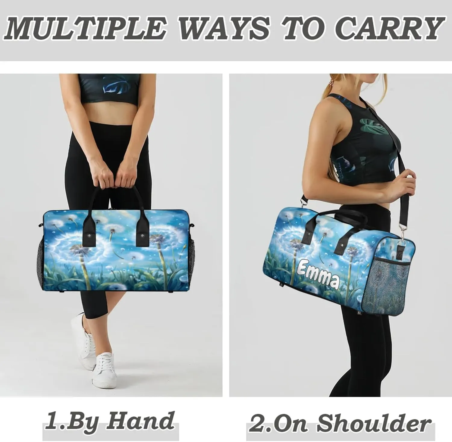 Personalized Wildflowers Dandelion Travel Duffel Bag with Name, Custom Gym Sport Bag Rustic Floral Carry On Weekend Overnight Duffel Bag for Men Women